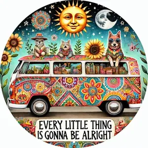 Hippie Van Pattern Garden Decor, Round Aluminum Metal Sign, Garden Decoration, Garden Ornaments, Garden Statues, Garden Decorations