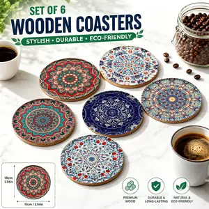 Decorative Wooden Coasters Set of 6 - Absorbent Drink Mats with Spiral Wood Grain Pattern, Eco-Friendly Kitchen Table Accessories