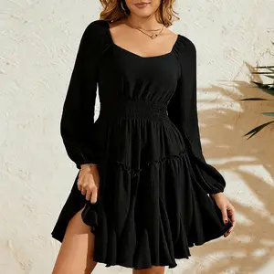 Women's fashionable party dress, featuring a mid-length skirt with multiple petal-shaped layers, a bohemian-style square neckline and lantern sleeves, and a fitted waist design.  Suitable for various occasions including holidays and casual events
