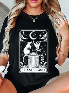 100% Cotton Unisex Tarot Card Vintage Team Trash Crescent Moon Opossum Raccoon T-Shirt Casual Top