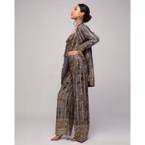 Amina Pants - Gray Tie Dye Georgette Wide Leg Pants with Gold Zari Embroidery