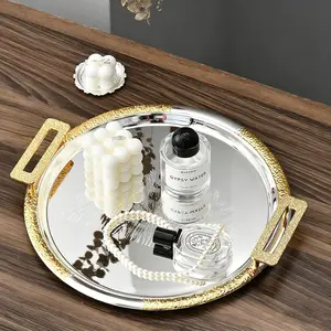 1pc Luxury Round Tray with Handles, Mirror Polished Wheat Carved Decorative Tray, Ideal for Kitchen, Party Coffee Table, Food Beverage Dessert Service