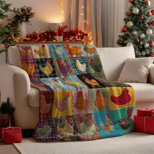 1pc Vintage Chicken Print Flannel Blanket, Soft Cozy  Polyester Throw, All Seasons Colorful Patchwork Fleece for Sofa, Bed, Office, Camping, Travel, Gift Blanket