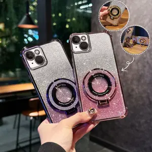 Suitable for [iPhone 13 Mini] high-end phone case🥰,Electroplated Luxury Sparkly Glitter Phone Case with Ring Stand Holder 4-Corner Shockproof Camera Protective Cover 952