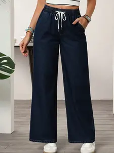 Women's Drawstring Waist Wide Leg Jeans, Dark Wash Loose Fit, Pockets, Casual Daily Wear, Durable and Comfortable Design