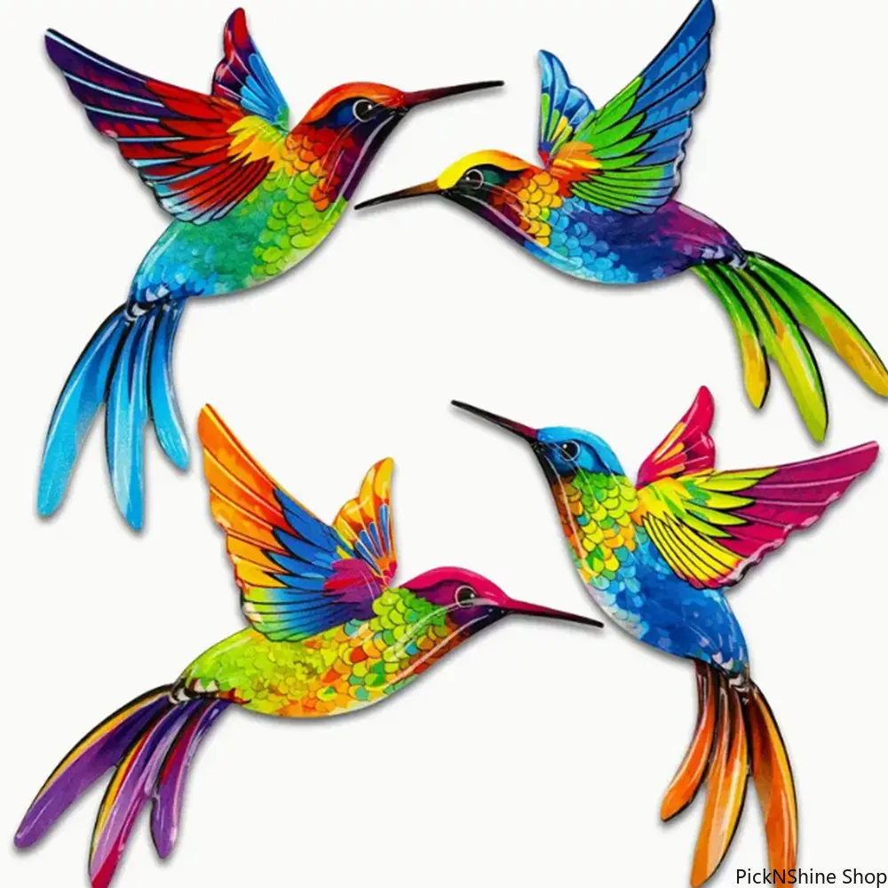 4 Piece Metal Hummingbird Wall Art Decor, Metal Craft Ornament For Outdoor Garden Patio Balcony Fence, Stylish Lifelike Design For Home Yard Decoration