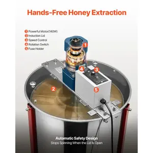 VEVOR Electric Honey Extractor, 6 Frame Honey Spinner with Transparent Lid, 140W Stainless Steel Honeycomb Drum Spinner, Height Adjustable, Honeycomb Extraction Equipment for Beekeeping