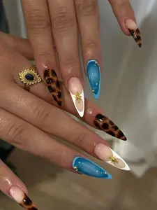 Tortoiseshell Star Press On Nails, Blue French Tip Stiletto Nails, Luxury Animal Print Glossy Set