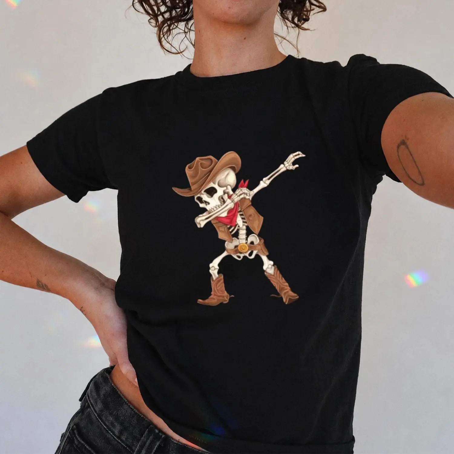 Dabbing Cowboy Skeleton Baby Tee, Funny Western Skeleton Graphic Crop Top, Cowgirl Halloween Shirt, Vintage Rodeo Skull T-Shirt, Country Western Women's Tee Women's Micro Rib Baby Tee