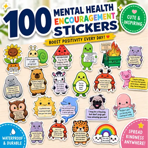 100PCS Unique Animal Emotional Support Stickers - No Repeat, Strong Adhesive, Waterproof Vinyl, No Battery Needed, Stickers for Messages, Unique Gifts & Decorations for Back to School Self Care