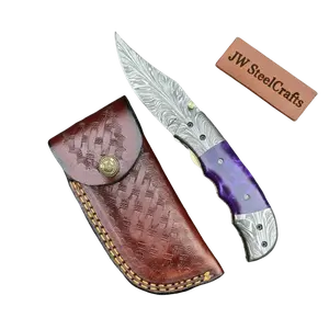 JW SteelCrafts Handmade Feather Pattern Damascus Folding Knife with Purple Resin Handle & Leather Sheath