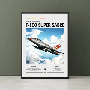 F-100 Super Sabre Aviation Art Poster, Cold War Fighter Bomber Aircraft Illustration, Military Jet Wall Decor