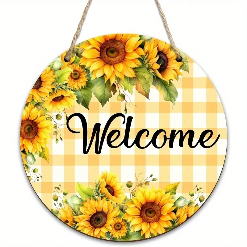 Summer Sunflower Welcome Sign for Front Door, Rustic Farmhouse Design Wooden Hanging Decoration for Porch or Wall, Porch Signs, 9.2x9.2 Inches Outdoor Decor, Wooden Home Sign