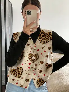 Women's Leopard Heart Print Open Front Button Knit Sweater Vest, Casual Sleeveless Cardigan for Spring Summer Fall Winter