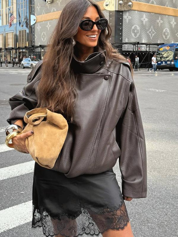 Faux Leather Jacket Woman Outerwears Fashion Asymmetric Zipper Bomber Jacket Demi-Season Streetwear Plus Size Women's Black Jacket Long Sleeve New In Coats Motorcycle Jackets