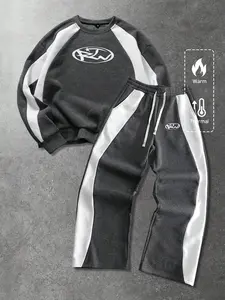 Men's Hooded Sweatshirt Set with Letter Print, Casual Fitted Long Sleeve Hoodie and Pants for Fall & Winter, Unisex Streetwear