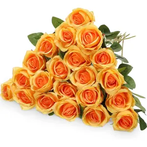 AnYa 12/24 Pcs Artificial Rose Flowers with Long Stem,Real Touch Silk Realistic Plastic Bouquet Roses Bulk for Home Decor Bridal Wedding Party Table Centerpieces Decorations(Orange)