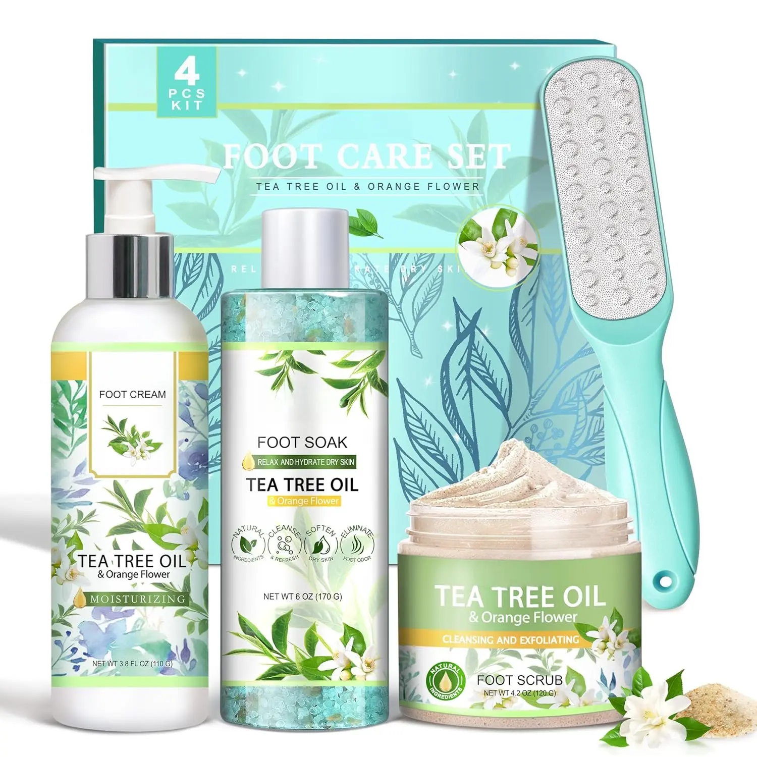 Tree & Orange Flower Foot Soak Set - Salts, Foot File, Scrub & Urea Cream Pedicure Supplies for Dry, Cracked  - Foot  Pedicure Kit for Women Men