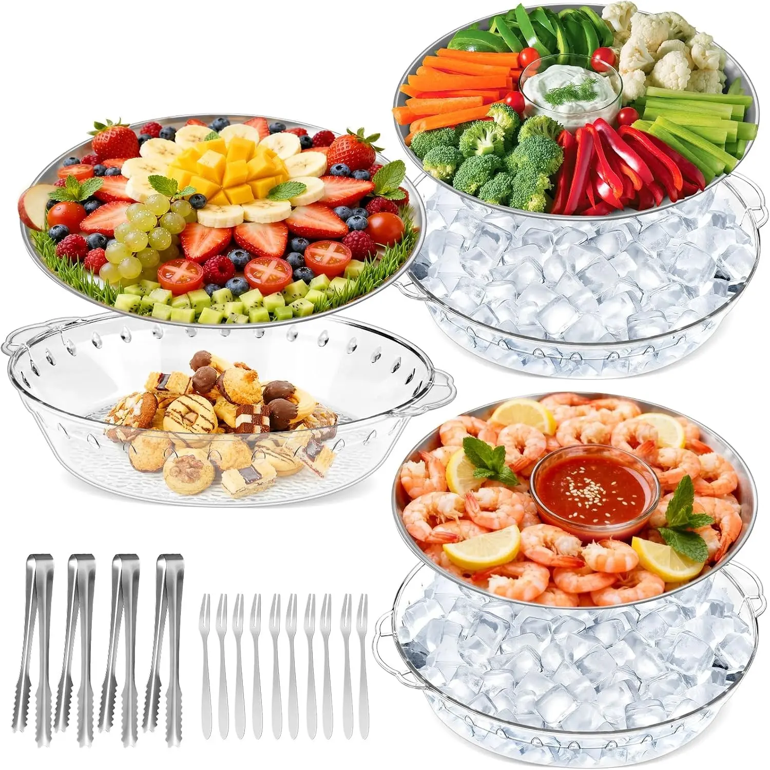 Chilled Serving Trays for Parties, Set of 3, 11.8" | Keeps Food Cold, Shrimp Cocktail Serving Dish, Compartment Charcuterie Platters for Vegetable Fruit Cheese Seafood & Dip