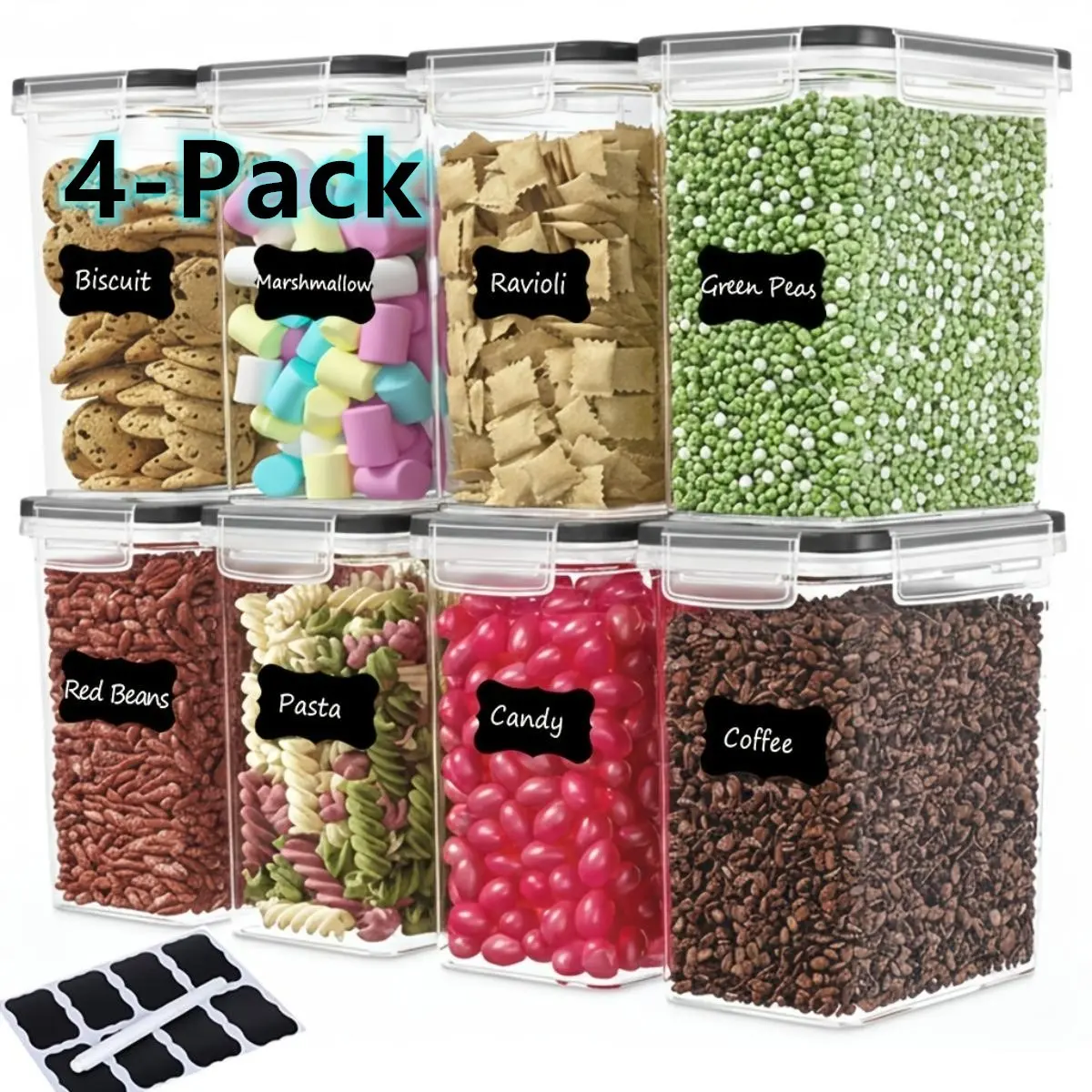 4pcs Kitchen Airtight Storage Containers 47.34oz Plastic Food Storage Set Canisters with Labels, Dishwasher Safe Freshness-Preserving Pantry Containers Stackable Storage Containers for Cabinet Countertop Organization, Pet Food and Snack Storage