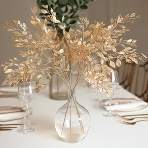 4 Pack Gold Metallic Artificial Leaf Stems 33” – Italian Ruscus Branches Plastic Greenery for Floral Arrangements & Centerpieces