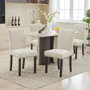 Set of 2 Beige Nailhead Fabric Dining Chairs with Upholstered Seat and Black Solid Wood Legs for Kitchen