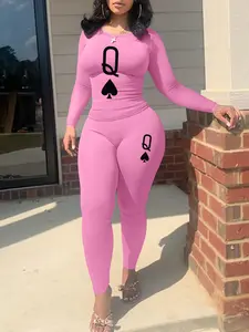 Women's Queen Letter Print Casual Two-Piece Set, Fall & Winter Fashion Long Sleeve Crop Top and Pants, Comfortable Daily Wear