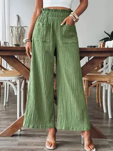 Textured Wide Leg Pants High Waist Pleated Loose Fit Casual Everyday Long Pants with Front Pockets, Solid Pattern, Women's Fashion