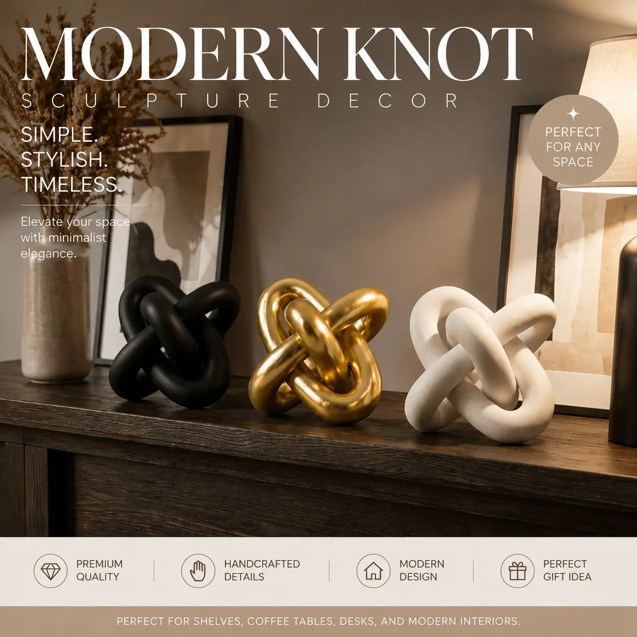 Modern Knot Decor Resin Sculpture - Abstract Interlocking Glossy Miniature Tabletop Statue, Unique Artistic Decor for Living Room, Home Supplies Gift for Office Desk Accent, Unique Decor, Miniature Tabletop Statues