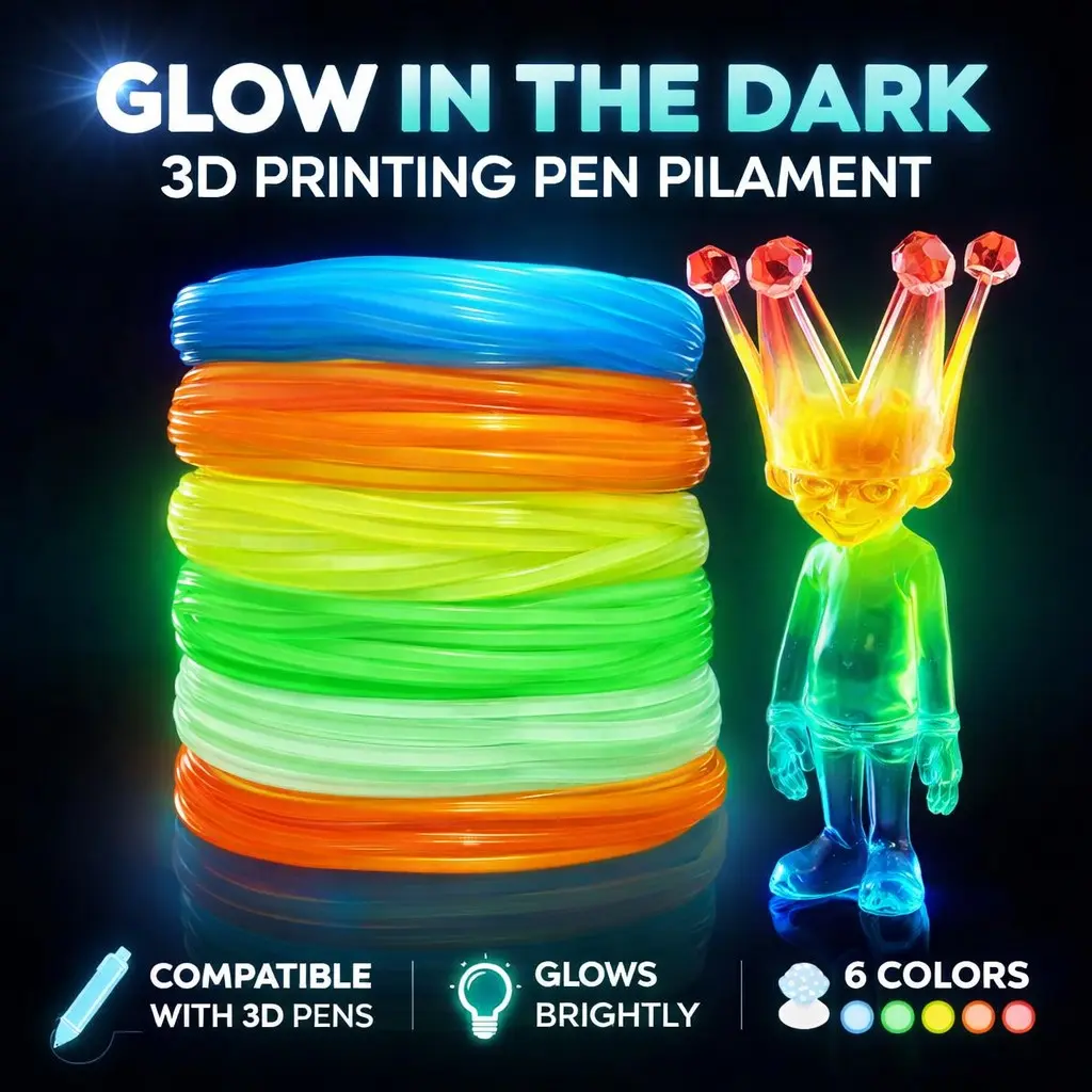 3D Pen Glow-In-The-Dark Pla Filament Refill Pack, 6 Rolls X 6m Total 36m, Fluorescent Self-Luminous, Eco-Friendly Degradable Material