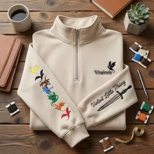 Fourth Wing Embroidered Quarter Zip Sweatshirt, Basgiath War College Pullover, Dragon Rider Violet Xaden Fantasy Book Lover Gift