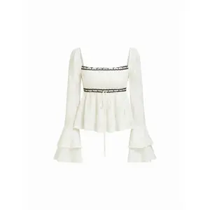 Cider Jacquard Square Neck Bell Sleeve Lace Floral Ruffled Peplum Top