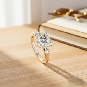 Fashion Cat Anxiety Relief Ring Featuring Rotatable， Moissanite Super Cute Sparkling Design, Adjustable Open Band, Rotate to Relieve Anxiety, Trendy Statement Jewelry for Women, Great Present for Her for Valentine's Day or Friend's Birthday, Comfort Fit