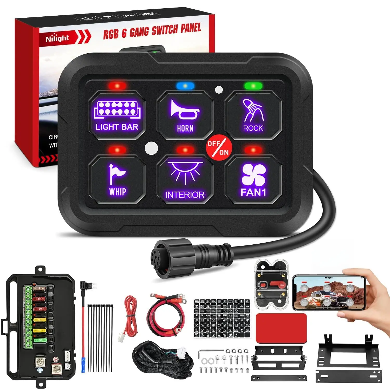 Nilight 6-Gang 12-24VDC Compact Circuit Control Relay System - RGB Backlight APP-Controlled Automatic Dimming LED Switch Panel with Fuse Wiring Harness, Car Lighting Accessories, Ambient Lighting for Pickup Trucks, Ambient Lighting Car