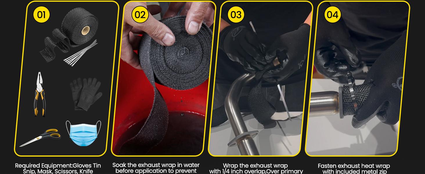 Exhaust Heat Wrap, 2"x 16 Ft, Motorcycle Fiberglass Heat Shield Tape With Stainless Ties, Black