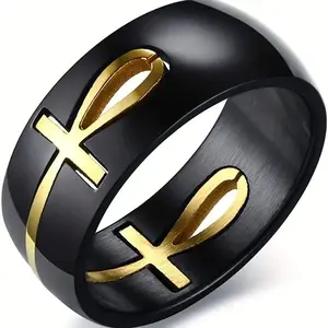 Gold & Black Ankh Ring Stainless Steel
