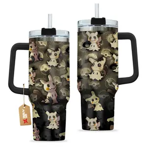 STORMMECH MimiKyu 40oz PKM Stainless Steel Insulated Tumbler - Washable Vacuum Flask with Black Cap, Handle & Lid, Anime Theme Beverage Travel Mug, Otaku Gift
