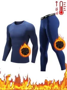 Men's Thermal Underwear Set Round Neck Long Sleeve Top & Skinny Bottoms High Stretch Knit Fabric Casual Warm Layering for Outdoor Running Cycling Skiing Yoga Fitness Fall/Winter Collection Soft Fleece