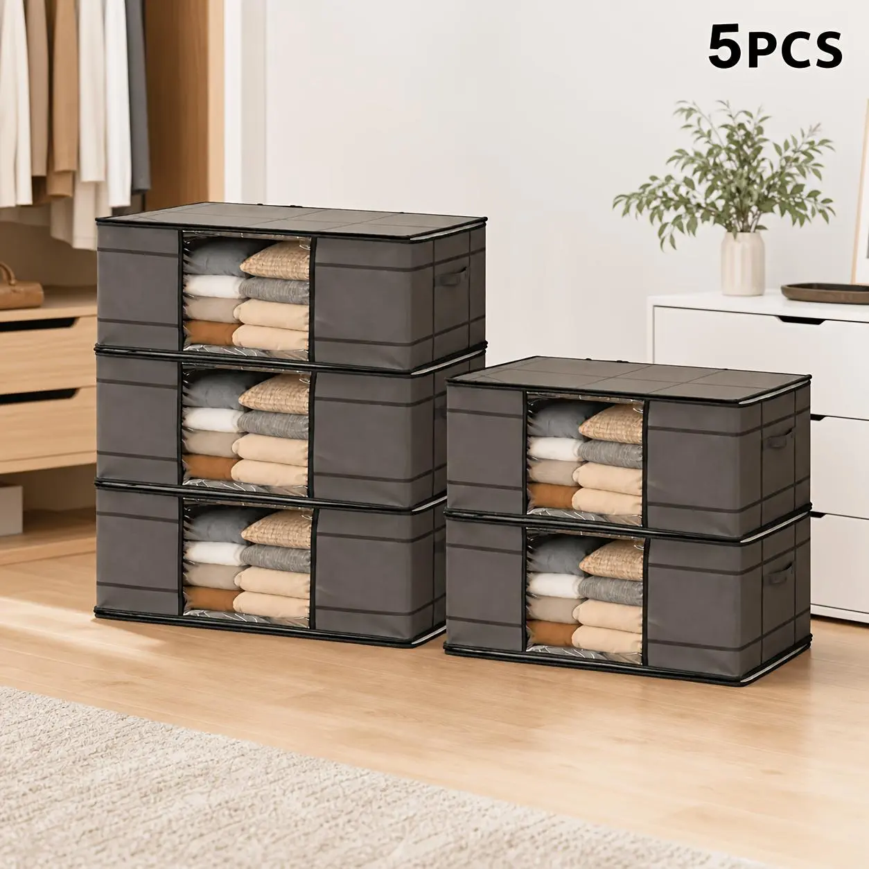 5 Pack Clothes Storage Bag, Foldable Storage Bin Closet Organizer with Reinforced Handle, Sturdy Fabric Blanket Storage with Clear Window, Storage Containers for Clothing, Bedding, Gray foldable clothes storage box Organiser