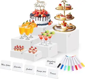 6PCS White Acrylic Buffet Risers with Mini Sign and Maker, Food Display Stands for Buffet Table Party Catering Dessert Jewelry Collectibles,Nesting Cube Boxes with Hollow Bottoms