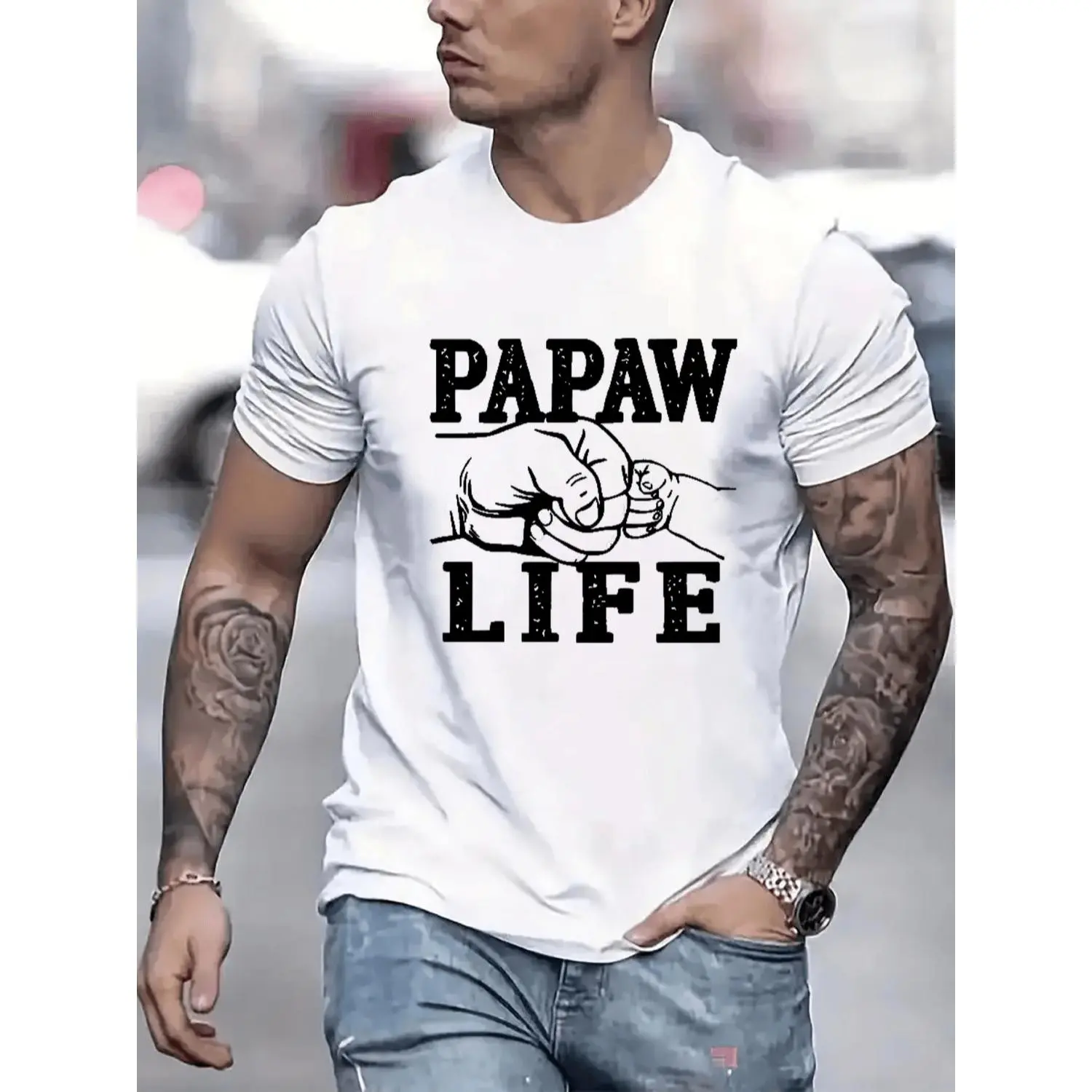 Mens Cotton T-shirt with "Papaw Life" Fist Bump Print Casual Crew Neck Short Sleeve Soft Breathable Summer Streetwear Top Ideal Gift for Grandpas