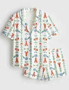 Women Coastal Pajama Set Lobster Crab Floral Vine Print Loose Comfy Button Down Sleepwear Summer Beach Seafood Festival Nautical Night Outfit Girls Gift