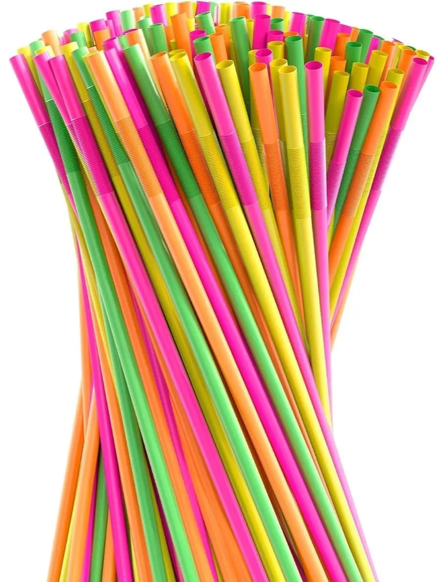 200 Pcs Neon Colorful Extra Long Straws Disposable Flexible 17.1"-19.5" for Tall Drinks & Tumblers Lightweight Reusable Utensils for Parties & Special Occasions Plastic