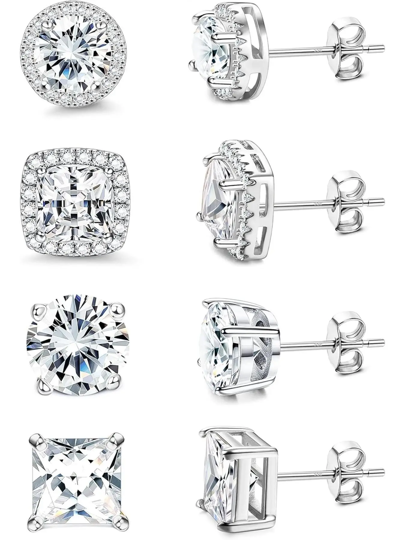 Cubic Zirconia Stud Earrings Jewelry for Women Men, 18 K Hypoallergenic Sterling Silver Post Earrings, Brilliant Large Simulated Diamond Halo Style Studs Earrings, Hypoallergenic CZ Earrings