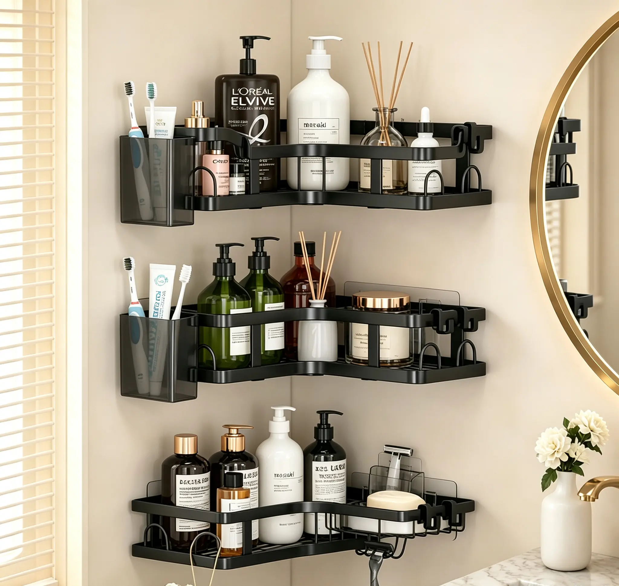 5/6 Piece Bathroom Corner Shelf Organizer Set, Adhesive Shower Caddy with Toothbrush Cup & Hooks, Black Stainless Steel Storage Shelves
