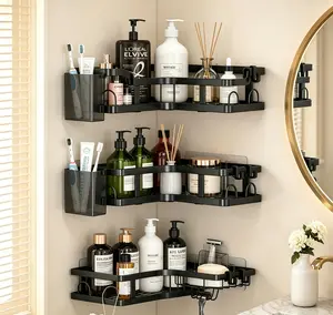 5/6 Piece Bathroom Corner Shelf Organizer Set, Adhesive Shower Caddy with Toothbrush Cup & Hooks, Black Stainless Steel Storage Shelves