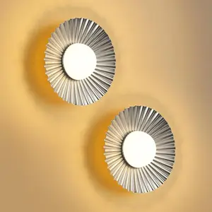 Cordless Nickel Wall Sconces Set of 2, Battery Operated 5200mAh Rechargeable LED Round Pleated Dimmable Small Wall Light Lamps, Lighting for Hallway, Living Room, bedroom, home Decor, Night Light