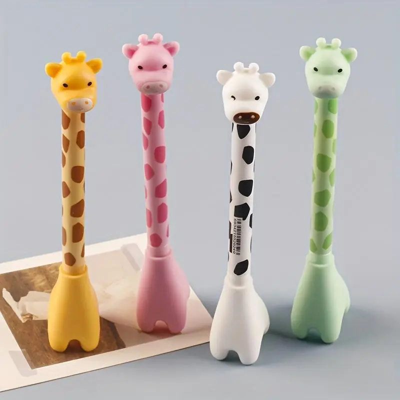 Cute Giraffe Design Gel Pen Set, 4 Counts Creative Writing Pen with Giraffe Head Cover, Writing Pen for Office School Student, Funny Teacher Pens, Aesthetic Pens