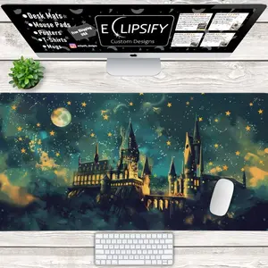 Wizard Castle Desk Mat, Wizard Castle Mouse Pad, Moon, Yellow Stars, Night Sky, RTG, MTG Play Mat, Wizarding World, Gaming Mouse Pad