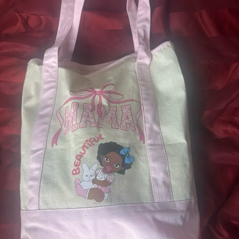 Momma Baby Tote Bag - Lightweight, Pink and Green Design with 'Momma Beautiful' Text and Baby Rabbit Illustration